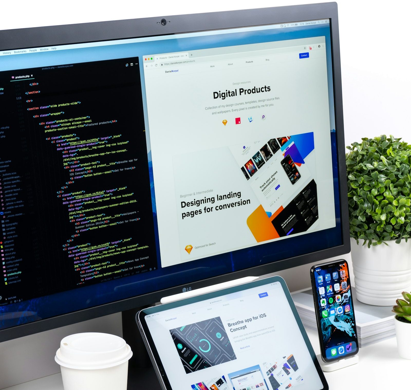 A monitor, tablet, and phone showing a website and mobile apps